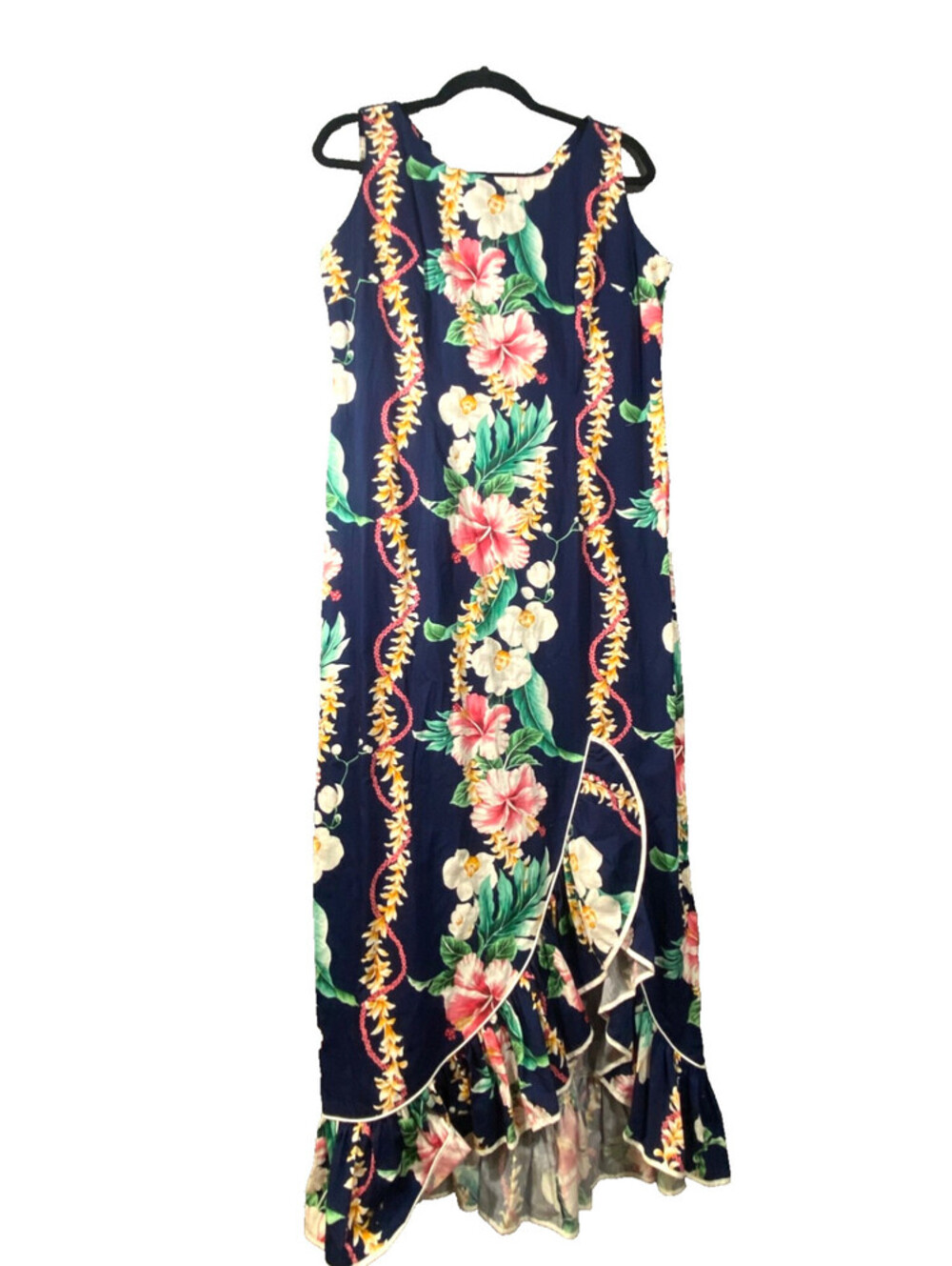 Vintage Royal Creations Hawaiian Dress Women's Long Navy Maxi Dress Size XL